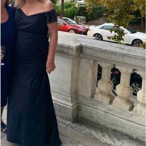 XScape off the shoulder beaded trumpet gown